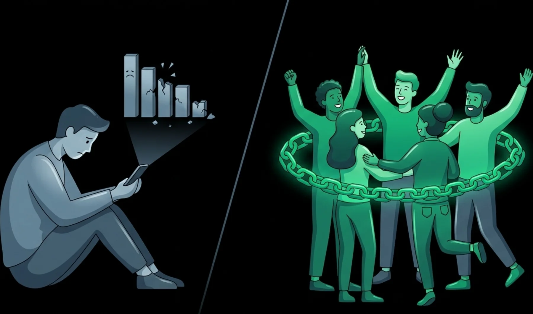 Split illustration: a person alone in grey with a crumbling habit chart, versus five friends in emerald celebrating inside a glowing Checkin Chain