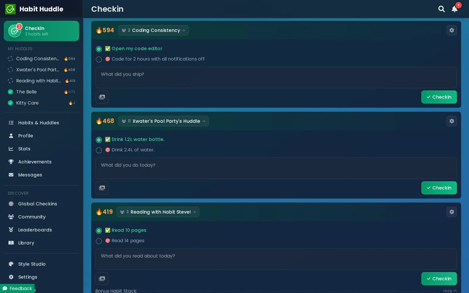 Daily habit checkin screen in Habit Huddle