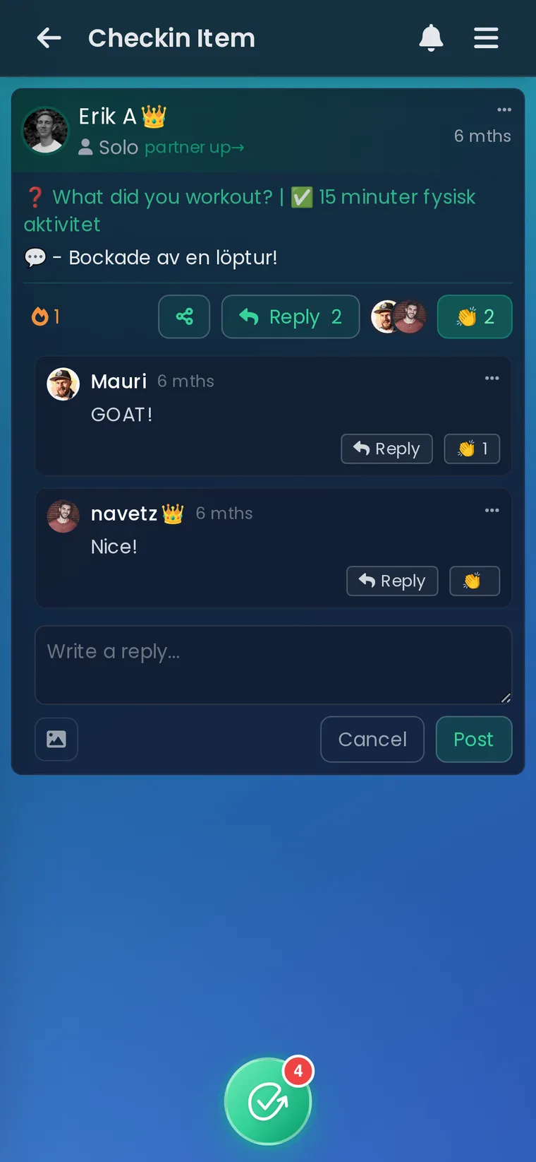 Habit Huddle screenshot. Every checkin is a moment: applause and replies from the people doing it with you