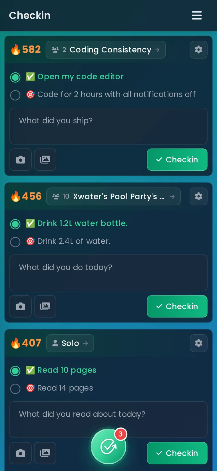 Habit Huddle daily checkin screen with streaks for each huddle