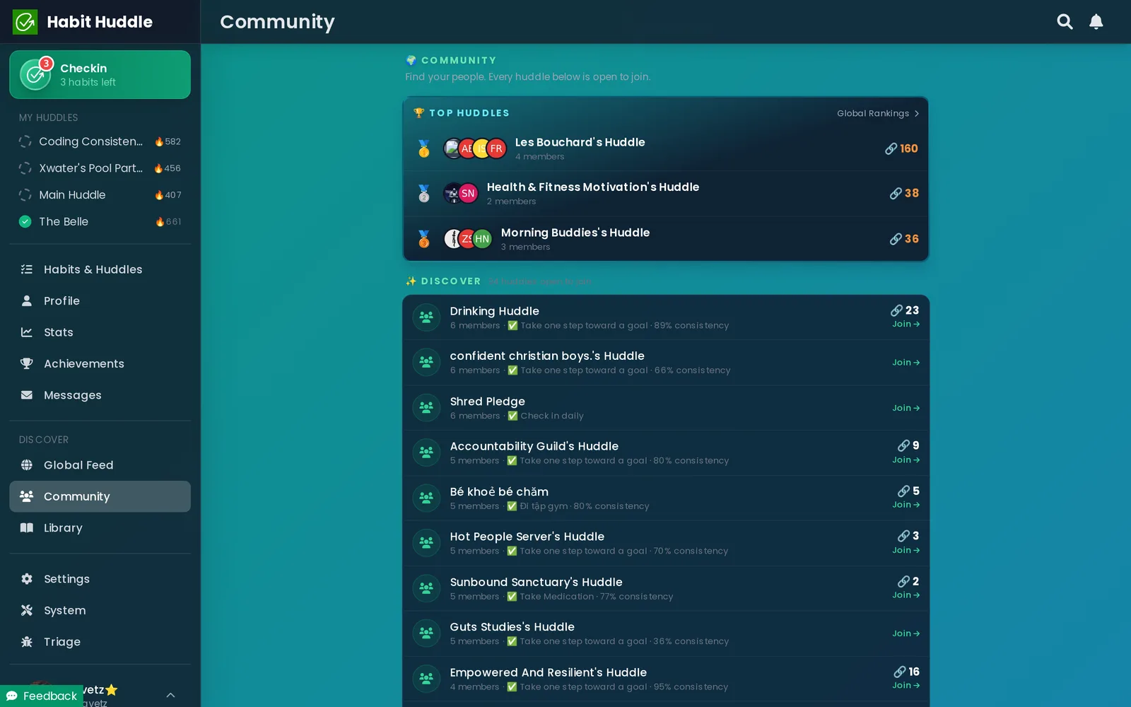 Habit Huddle community page with public huddles to join, each showing members and consistency rating