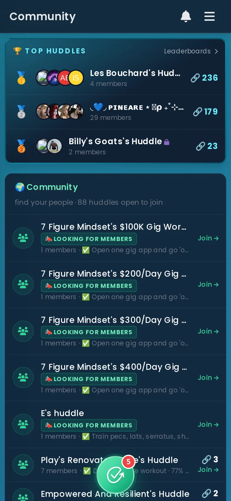 Habit Huddle community page with public huddles to join