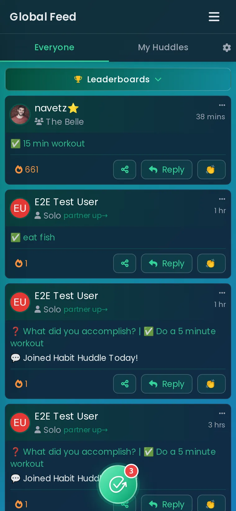 Habit Huddle activity feed with friends' checkins, replies, and nudges