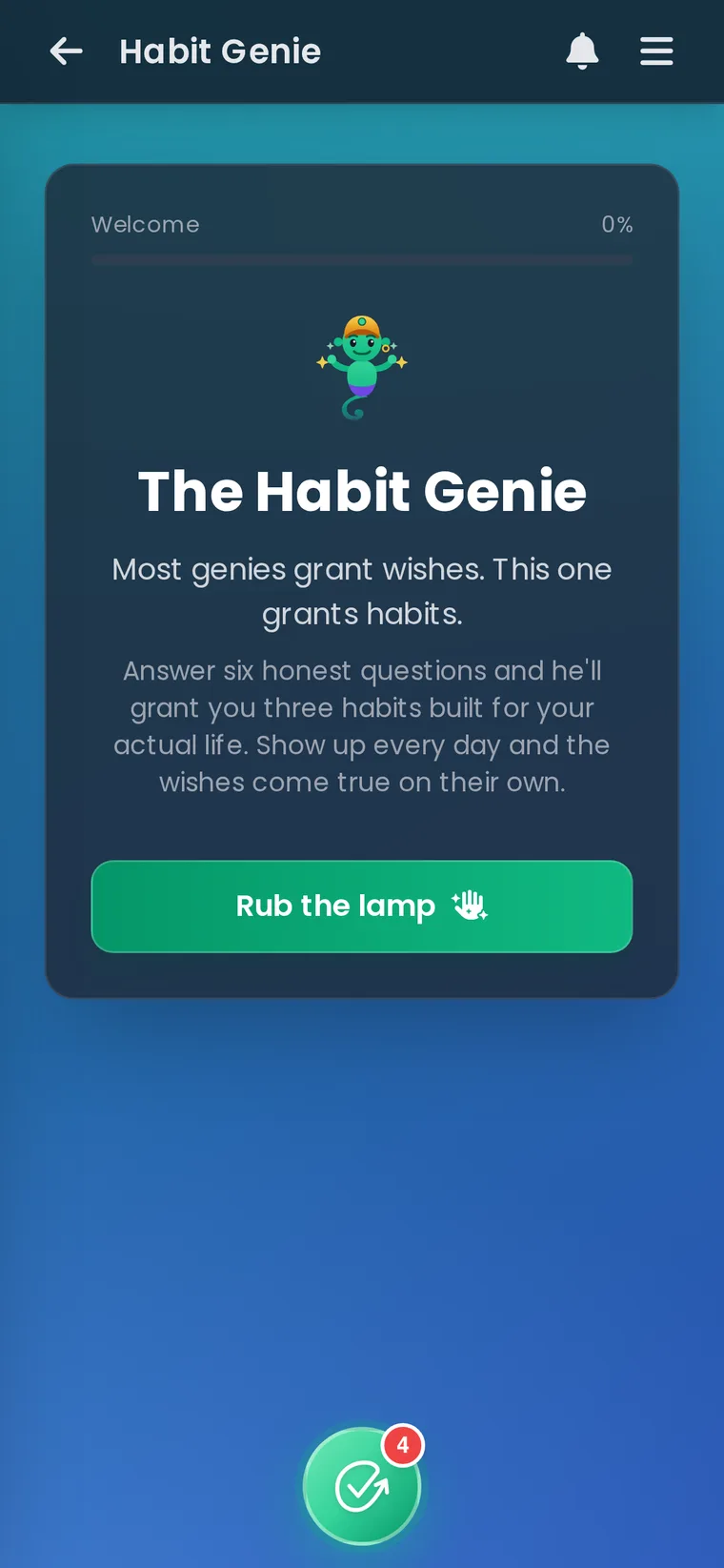 Habit Huddle screenshot. Habit Genie: answer six honest questions, get three habits built for your actual life