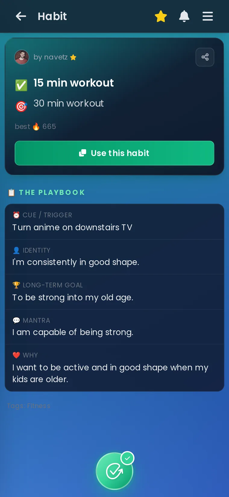 Habit Huddle screenshot. Habit pages: the founder's real workout habit and its playbook. Copy any habit you see and start it yourself