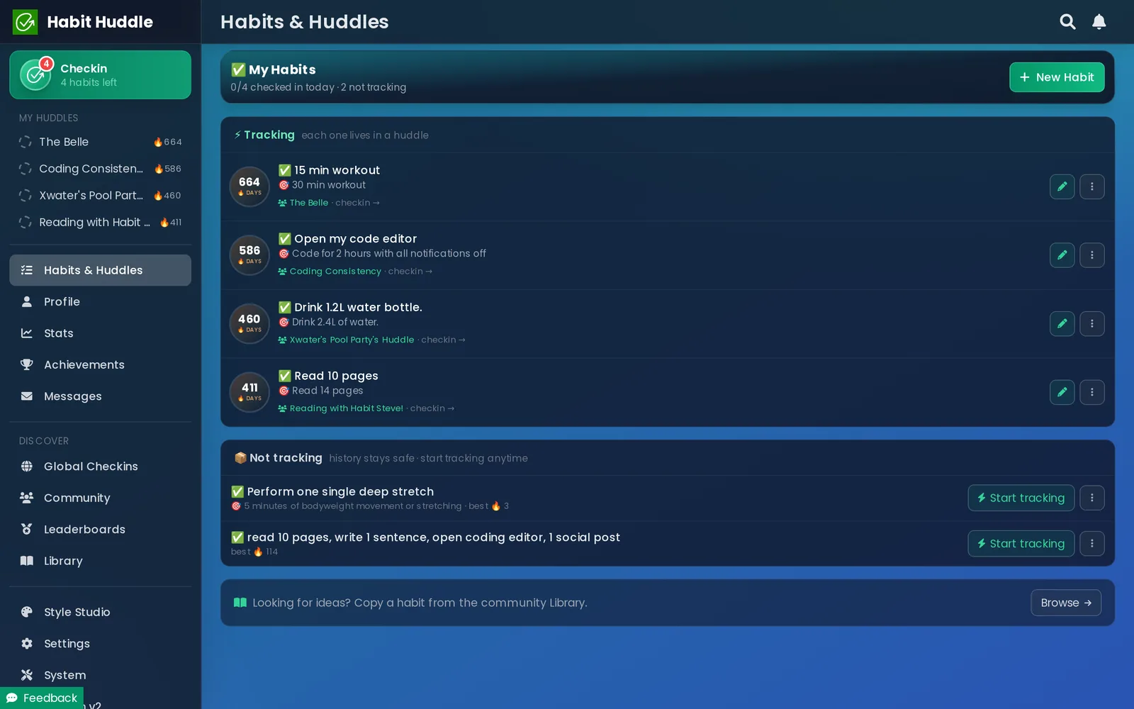Habit Huddle habits dashboard with tracked habits and streaks