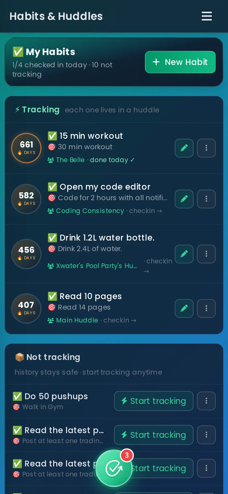 Habit Huddle habits screen with a 639-day workout streak, 561-day coding streak, 435-day water streak, and 387-day reading streak