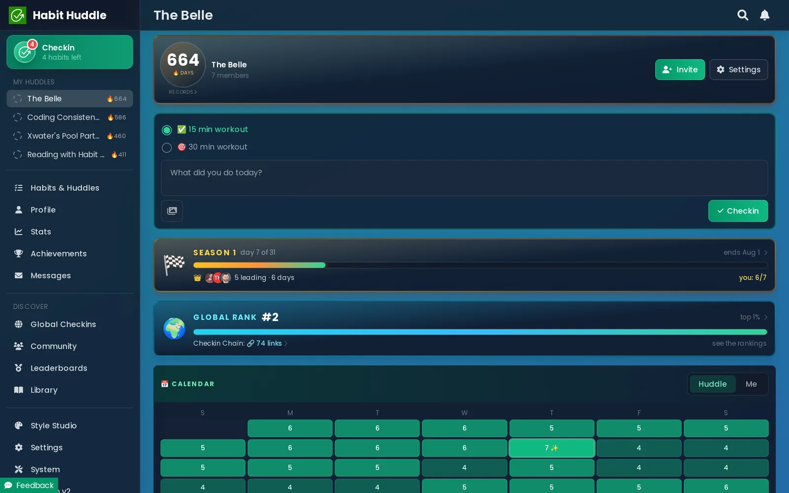 A huddle in Habit Huddle: the group's shared habit, daily checkins, and streak in one view