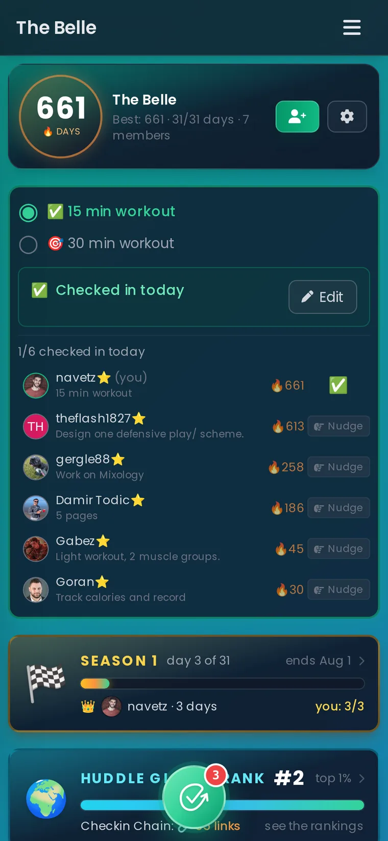 Habit Huddle home screen showing a 638-day streak, the huddle's Checkin Chain, season progress, and the huddle checkin calendar