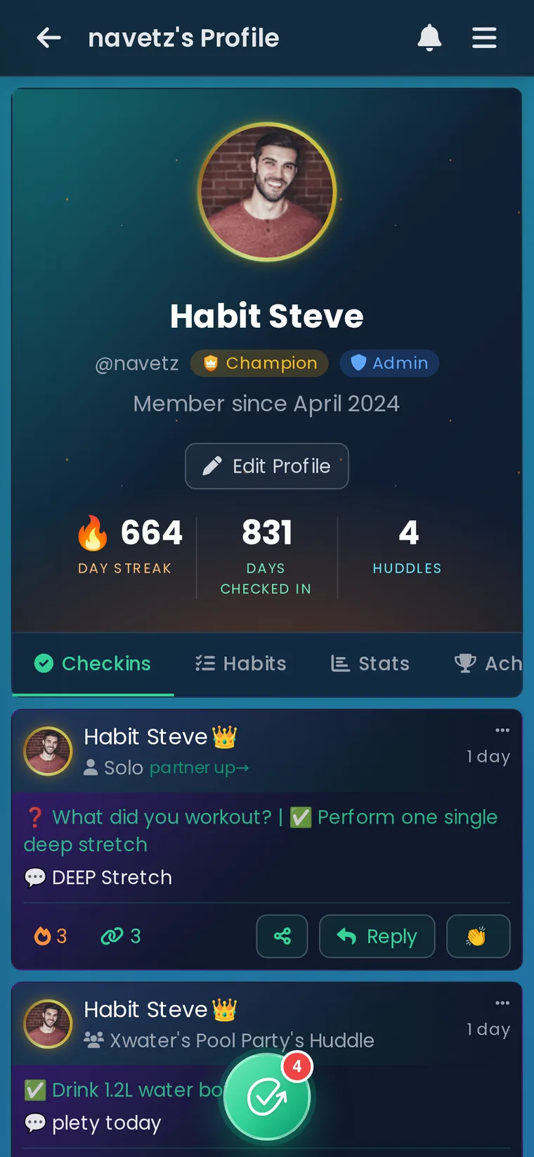Habit Huddle screenshot. Profiles: your public track record