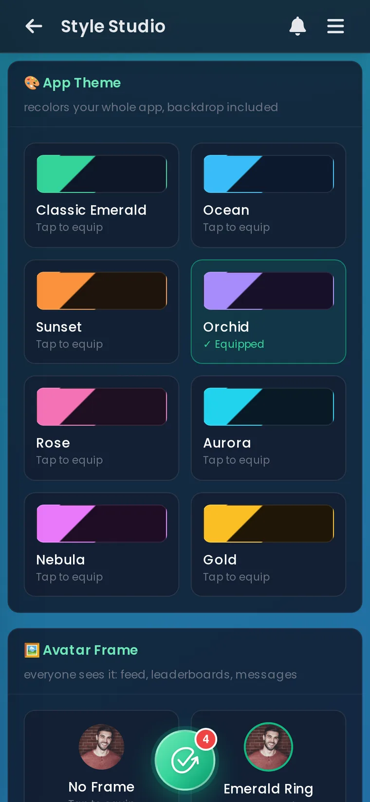 Habit Huddle screenshot. Style Studio: themes, avatar rings, badges, and flair