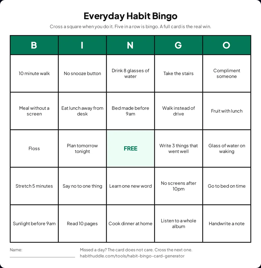 Printable habit bingo card: five by five grid of small daily habits under a BINGO header with a free center square