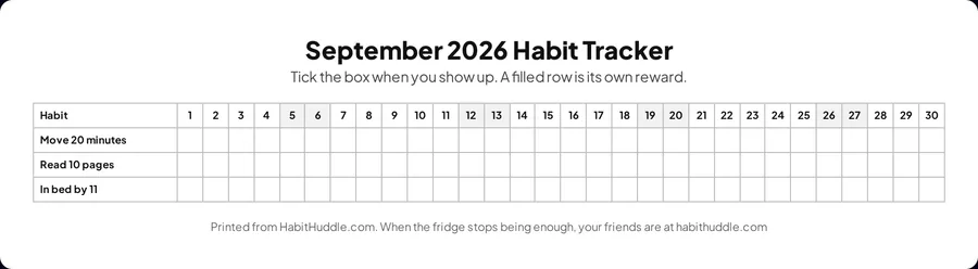 Printable monthly habit tracker template: habits down the side, every date of the month across the top, weekends shaded