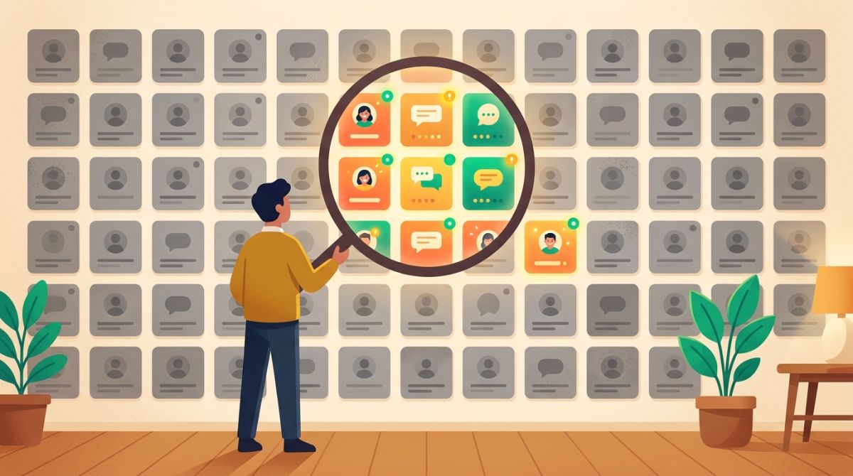 Illustration of a person inspecting a wall of chat channel cards with a magnifying glass