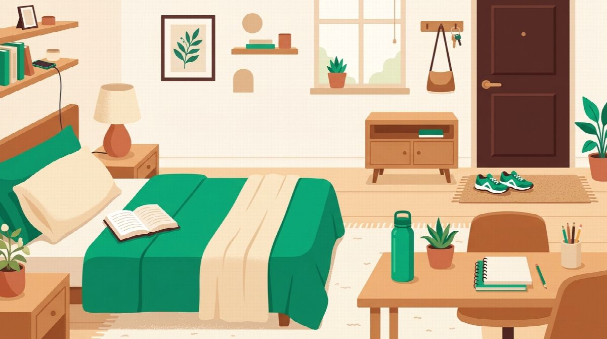 Home environment arranged for good habits, book on pillow and running shoes by the door, flat illustration