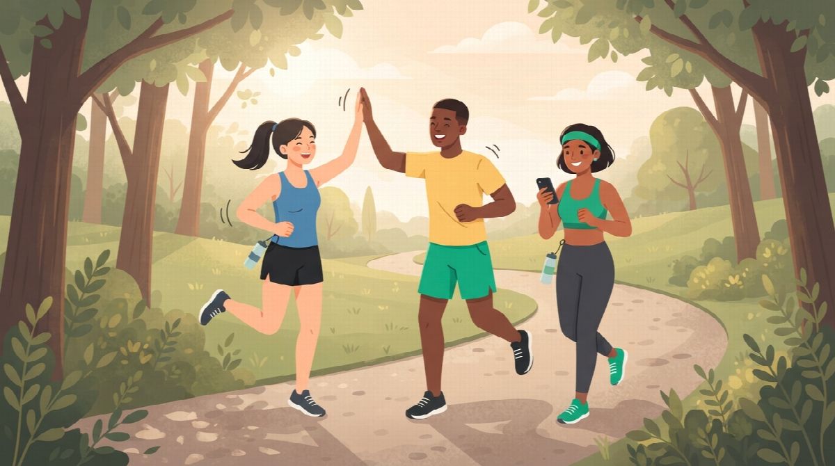 Illustration of three friends finishing a run together on a park path, two high-fiving and one glancing at a phone
