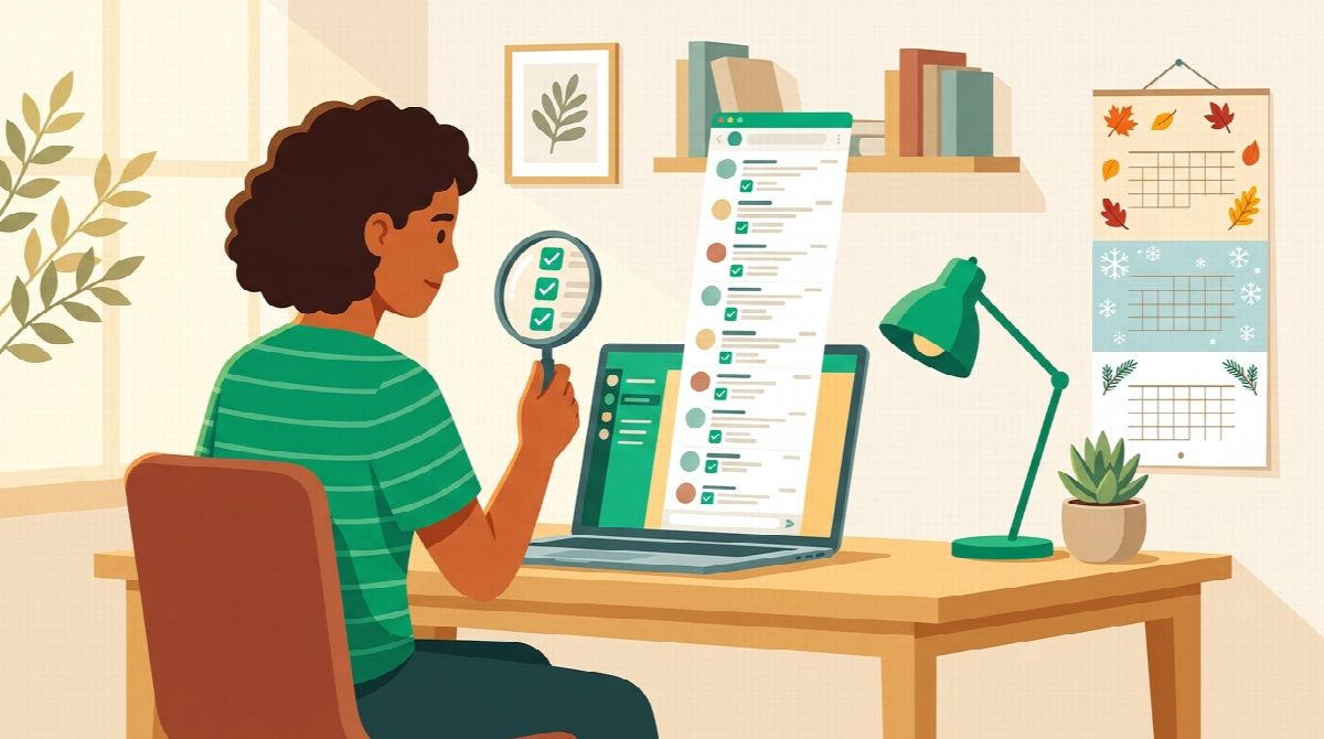 Illustration of a person at a desk holding a magnifying glass over a laptop screen showing a long list of daily checkmark posts, beside a small three-month wall calendar decorated with autumn leaves and snowflakes