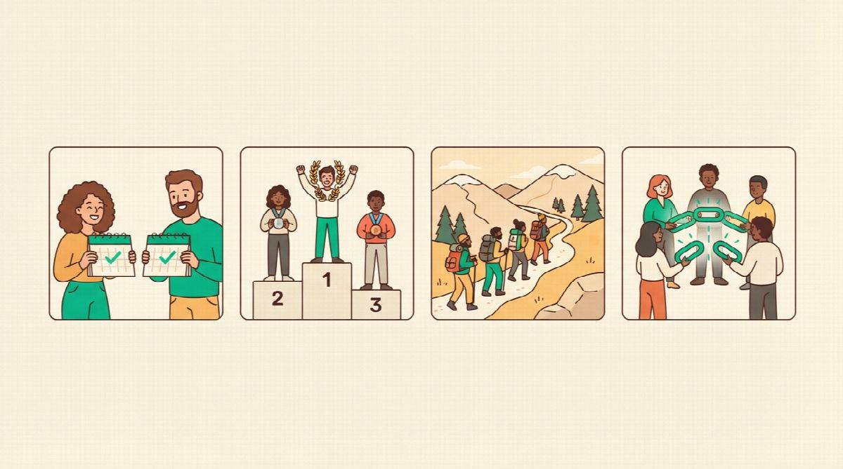 Four ways friends share habit streaks: comparing calendars, a leaderboard podium, a group walking one path together, and a circle of people each holding one link of a chain