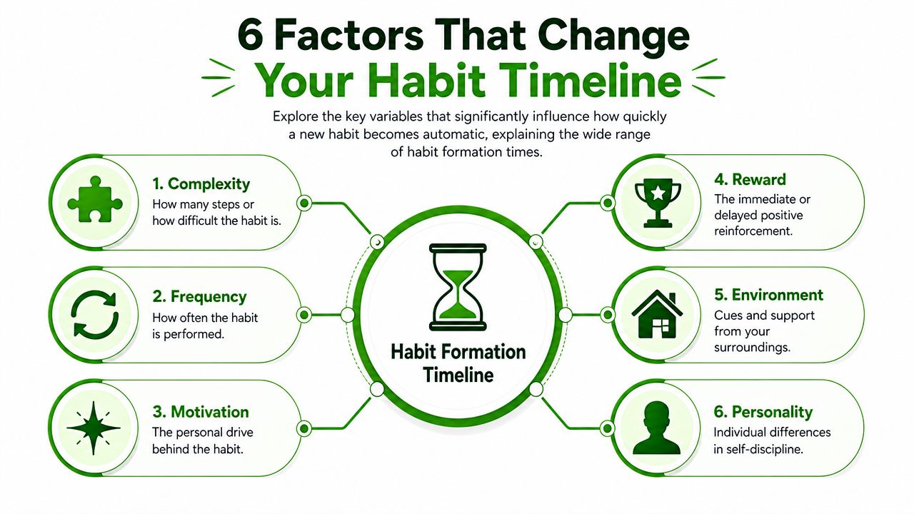 An infographic titled 6 Factors That Change Your Habit Timeline showing variables affecting habit formation speed.