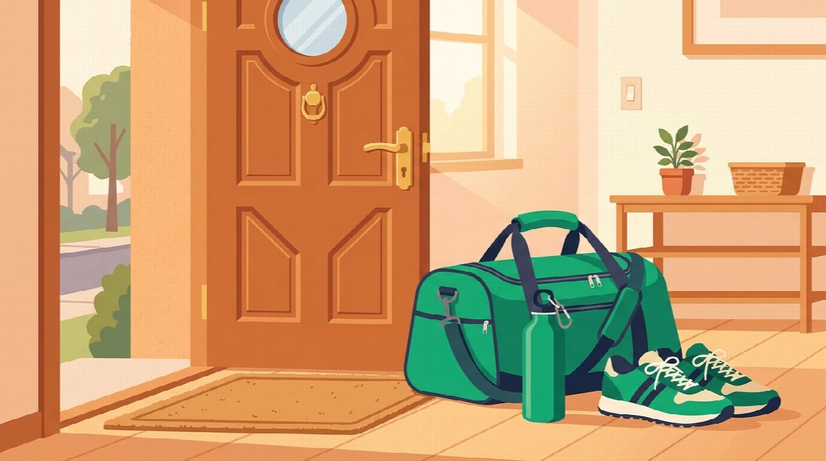 A packed gym bag waiting by the front door, ready to go