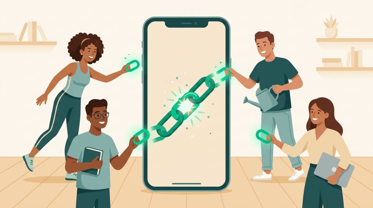 A phone showing a glowing chain of links being forged, with small figures adding links together