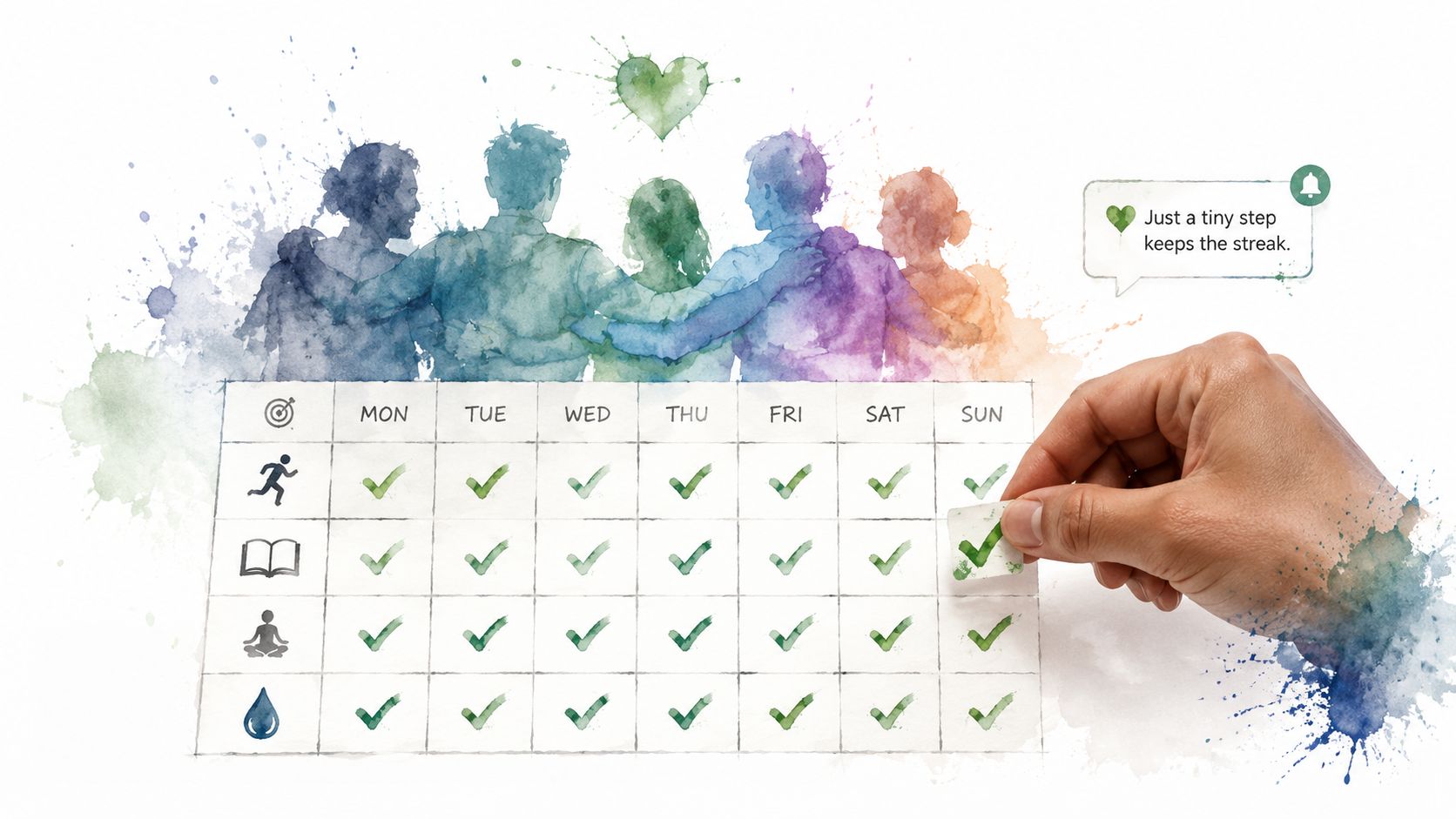 A hand places a checkmark on a calendar tracking goals like exercise, reading, and healthy habits.