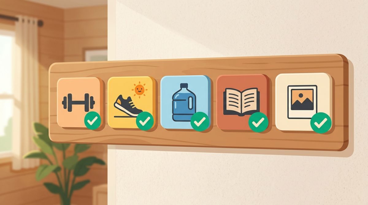 Flat illustration of the five daily 75 Hard tasks as a checklist: workouts, water, reading, diet, and a progress photo