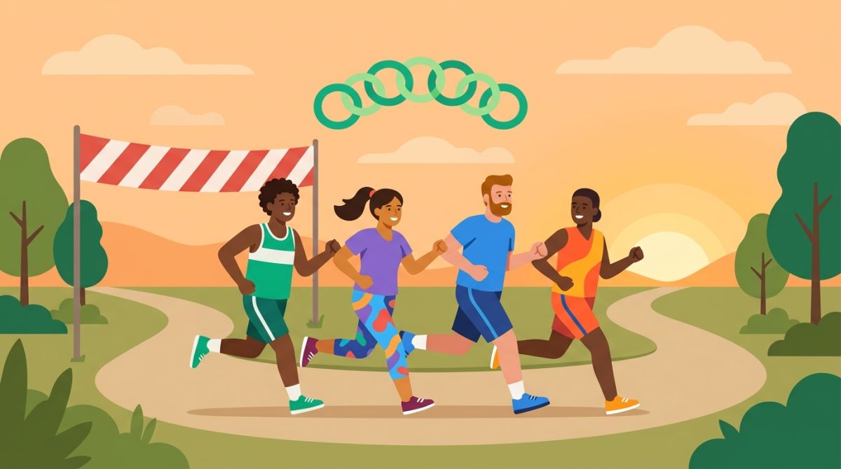 Flat illustration of friends still jogging together past the finish line, with a chain of green links above them