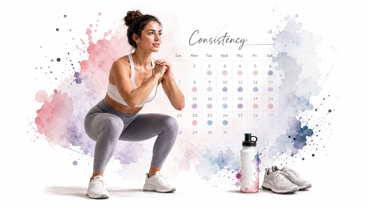 A woman performing a squat exercise next to a monthly consistency calendar and fitness water bottle.