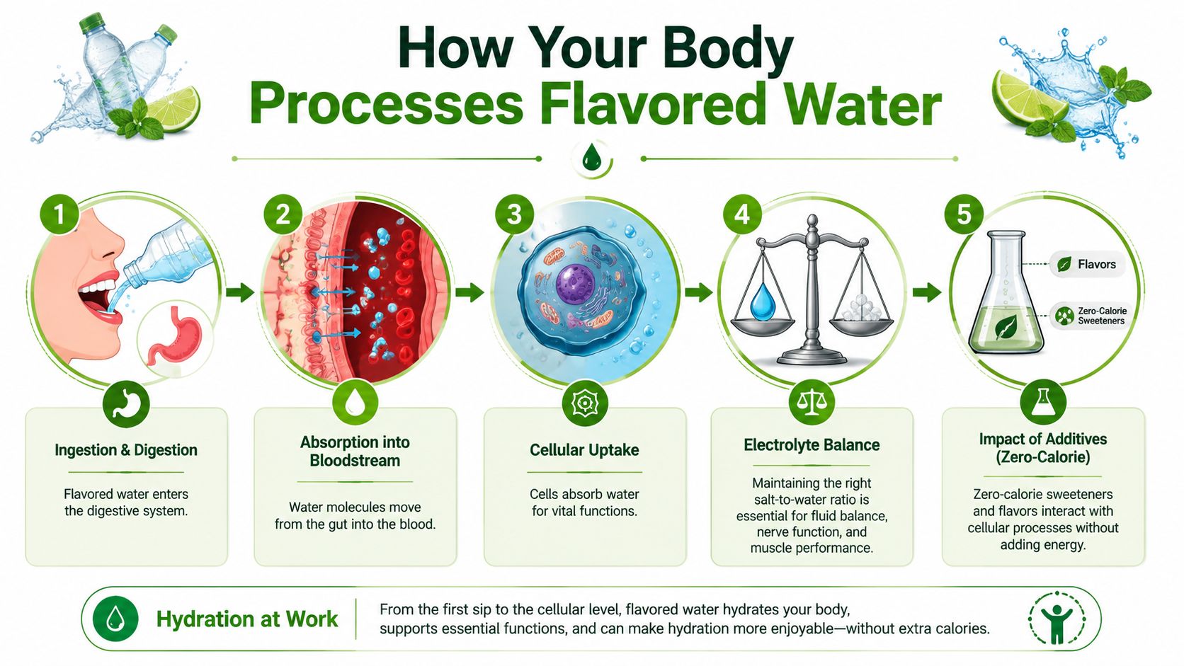 A diagram illustrating the five stages of how the human body processes and absorbs flavored water.