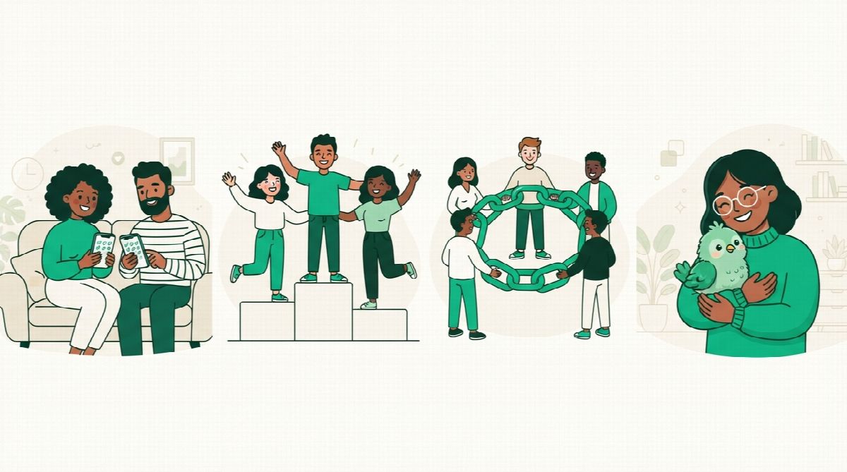 Four ways friends track habits together: comparing calendars, a leaderboard podium, a circle holding one chain, and a person hugging a pet bird
