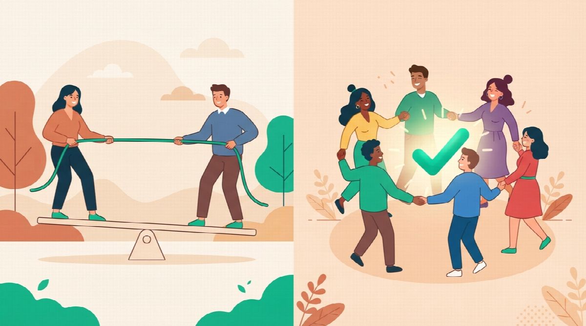 On the left, two people on a seesaw holding one rope; on the right, five friends holding hands around a green checkmark