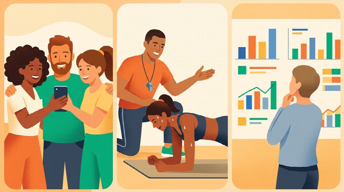 Different accountability styles: a small group checking in, a coach reviewing progress, and a data dashboard