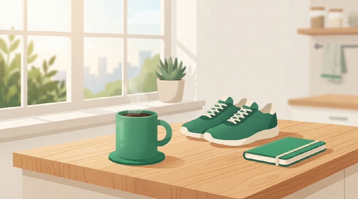 A coffee mug on a kitchen counter with a pair of running shoes and a notebook placed right beside it, morning light through the window