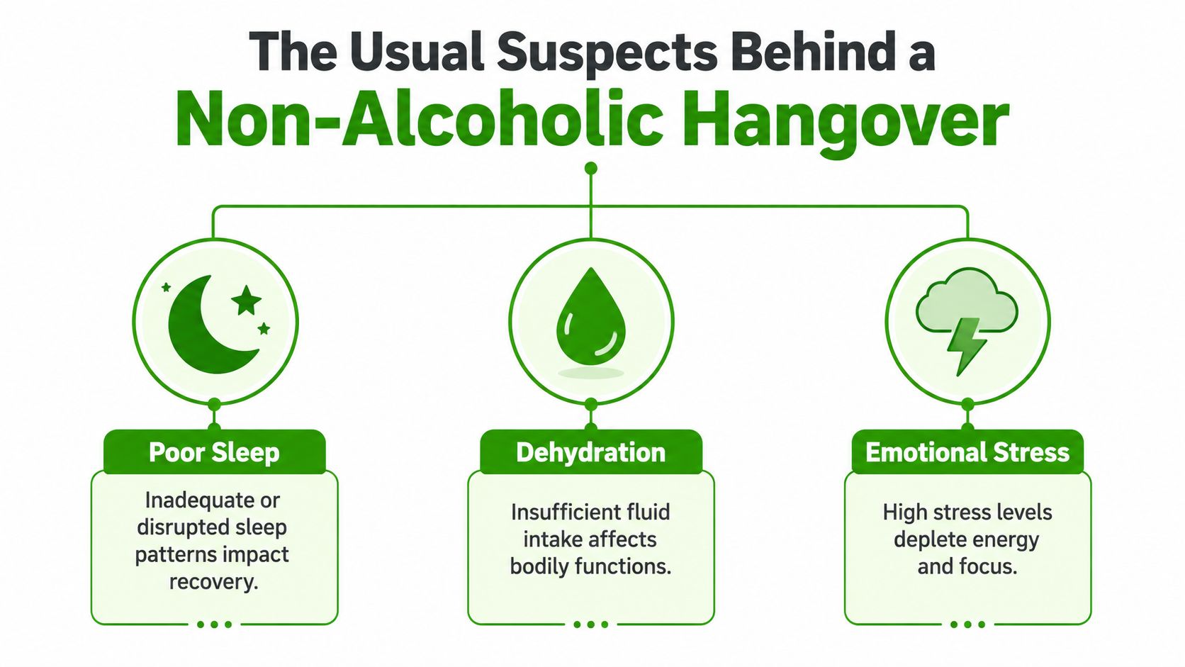 A green infographic chart illustrating three common causes of a non-alcoholic hangover: poor sleep, dehydration, and emotional stress.
