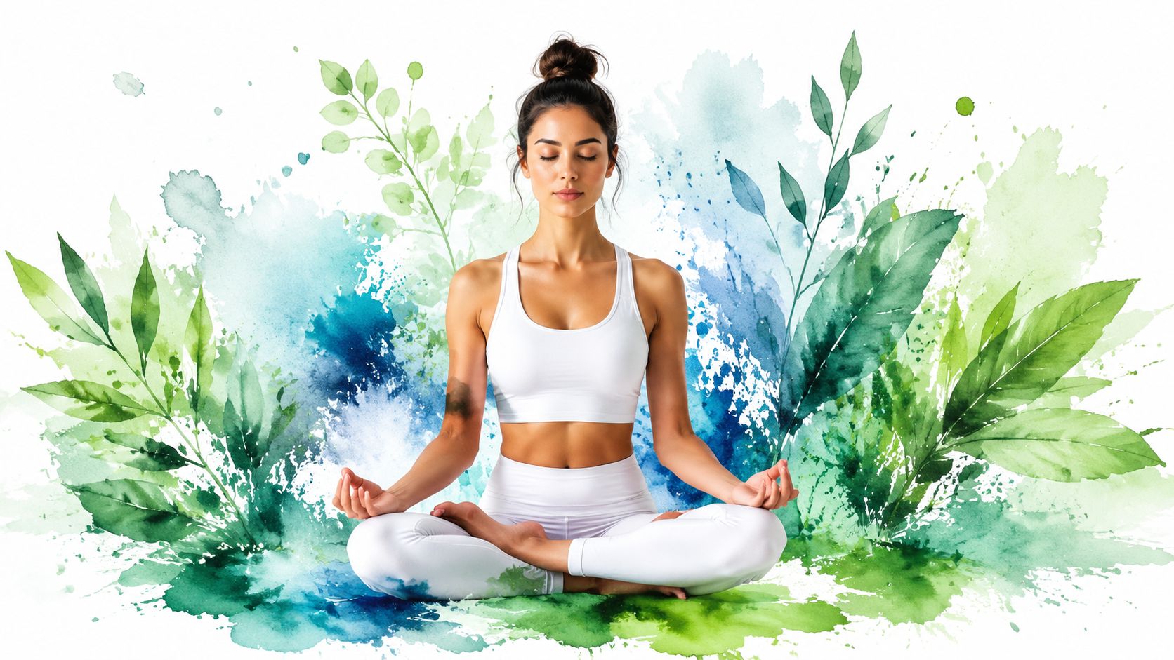 A woman in white yoga clothes sits in a peaceful meditative pose surrounded by artistic green foliage.