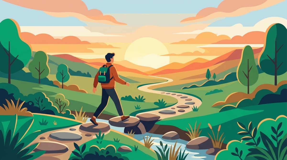 Illustration of a person stepping over a small gap in a path of stones and continuing forward