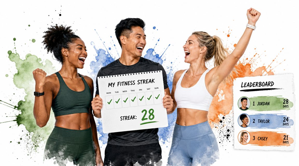 Three smiling friends celebrating their fitness progress with a 28-day workout streak on a shared leaderboard.