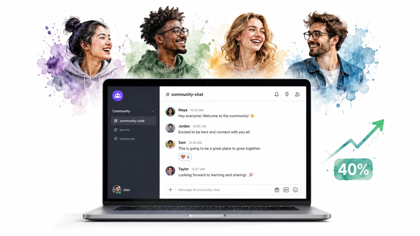 A laptop screen displaying a team communication platform with people celebrating growth and community interaction.