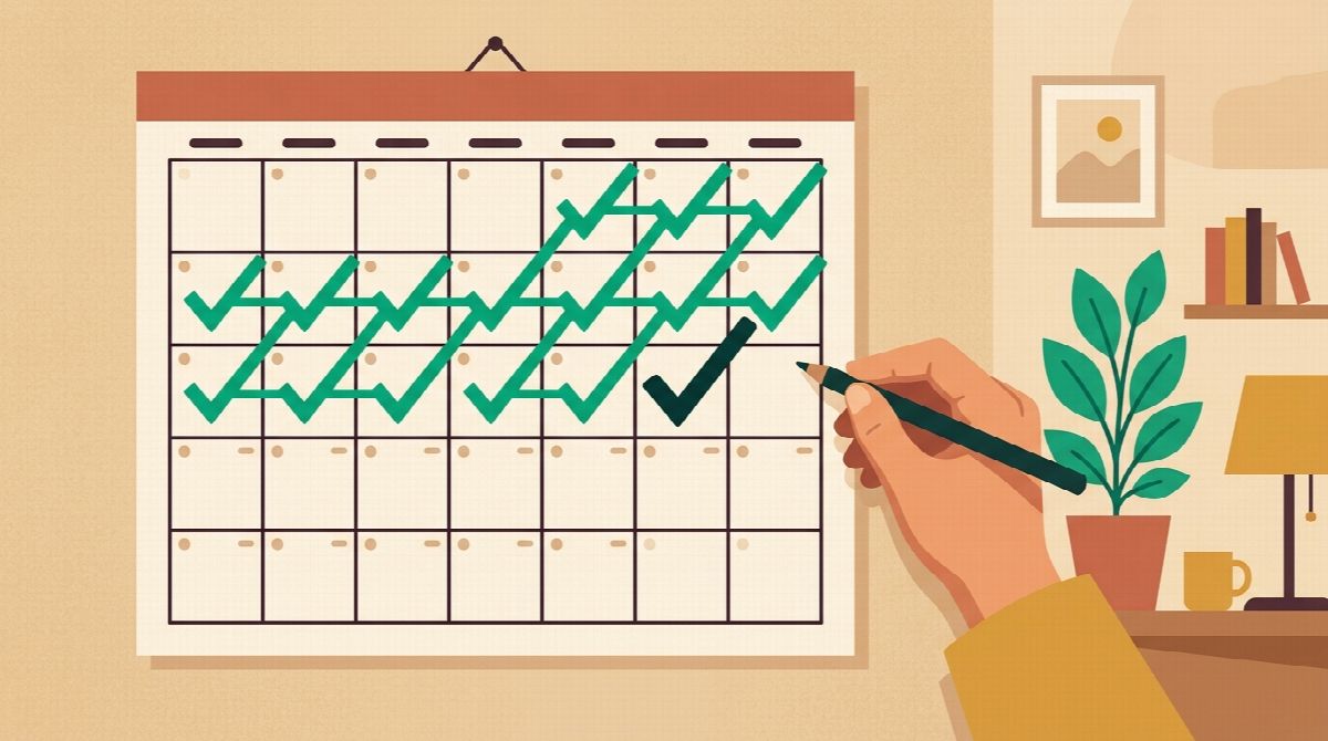 A wall calendar filling up with checkmarks for completed workouts