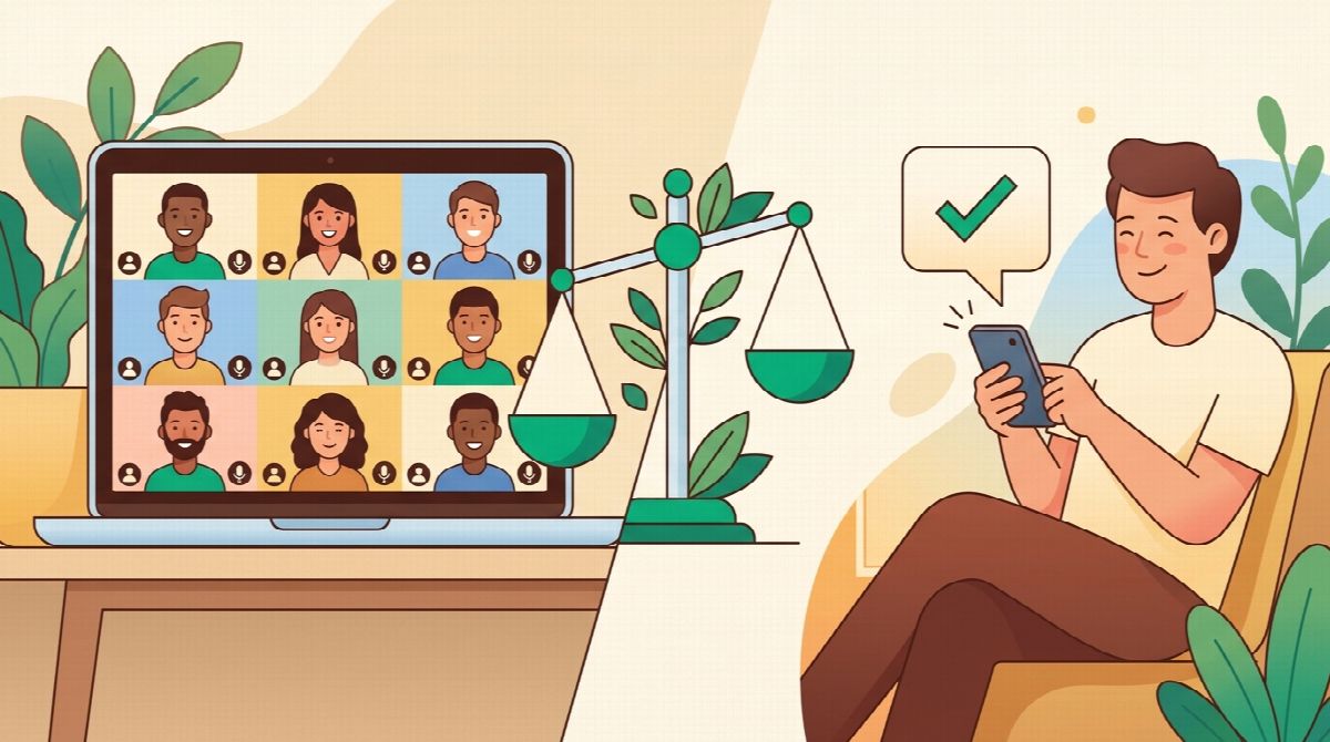 Illustration of four people connected across screens, each holding up a completed goal card