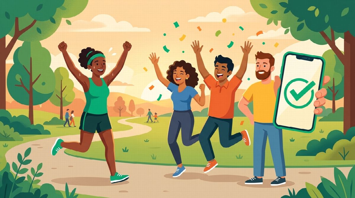 Illustration of a group of friends celebrating one person finishing a run, with confetti and raised hands