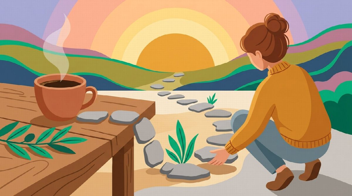 Illustration of a person placing a small stepping stone next to a morning coffee cup on a daily routine path