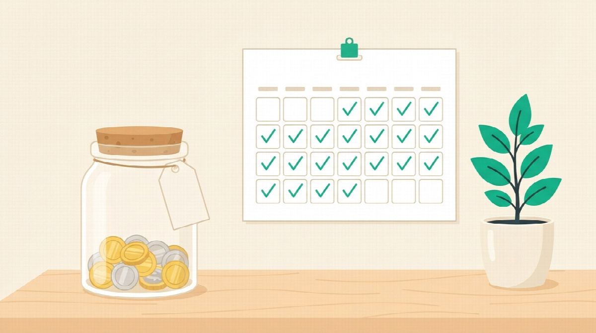 Glass jar of coins with a blank tag beside a wall calendar full of green checkmarks and one empty day