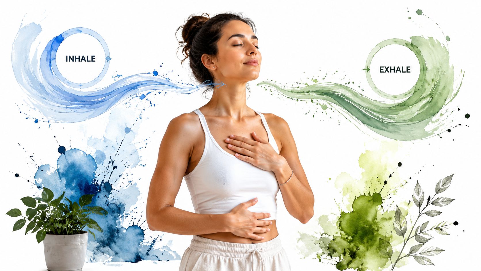 A woman practicing mindful deep breathing with watercolor artistic elements representing the inhale and exhale process.