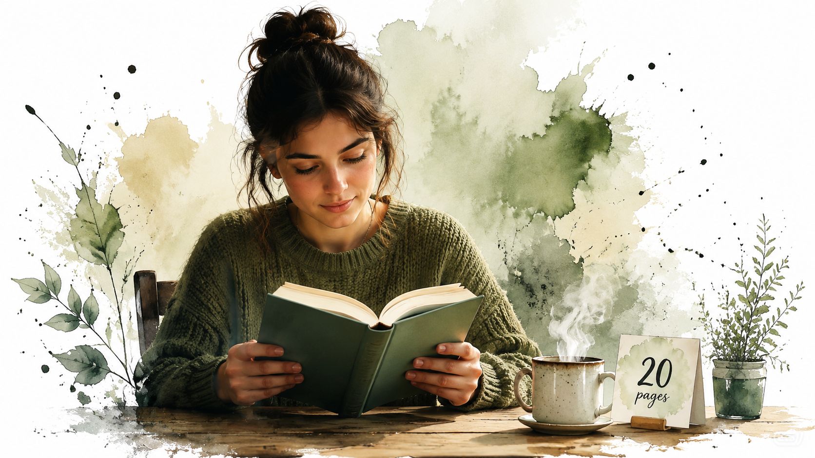 A young woman wearing a green sweater reads a book at a table with tea and plants.