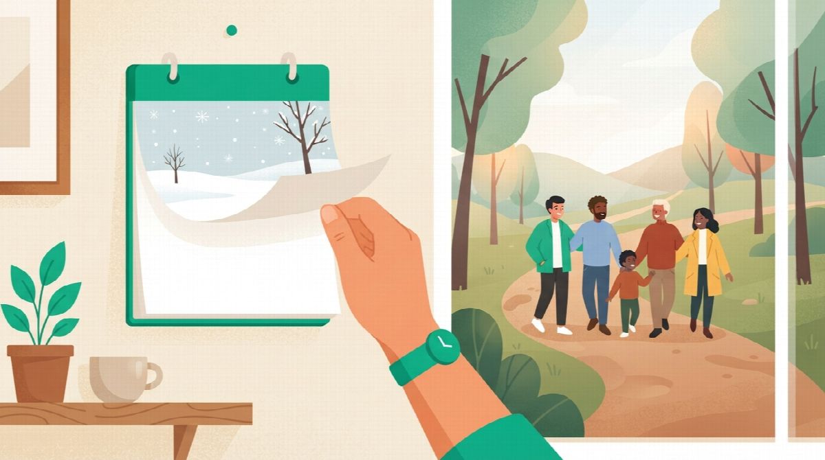 A hand flipping a wall calendar from a snowy page to a fresh one while a group keeps walking on a path