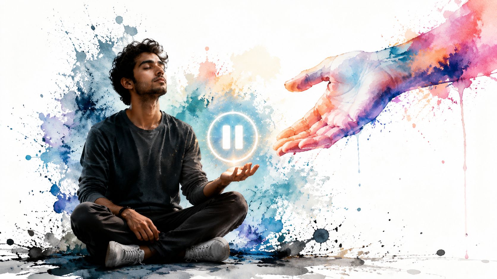 A man in a meditative pose with a glowing pause icon floating above his hand