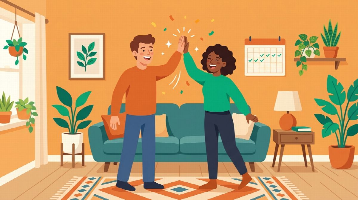 A couple celebrating a week of completed habits together at home