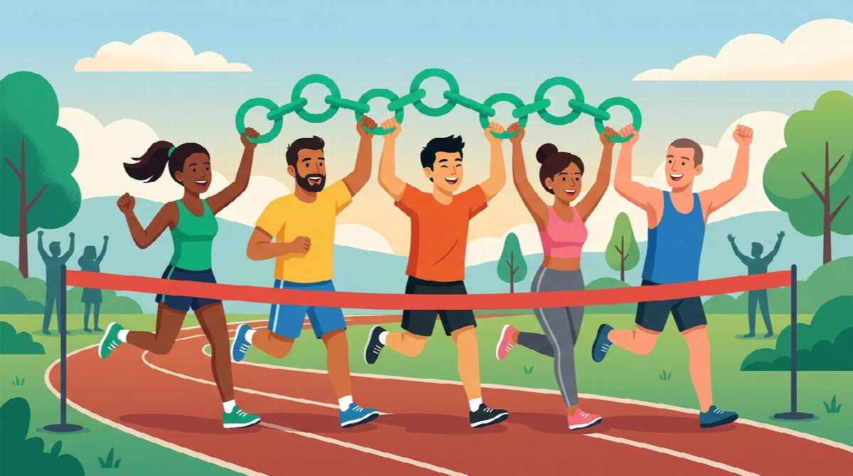 Illustration of a diverse group crossing a finish line together holding a shared chain